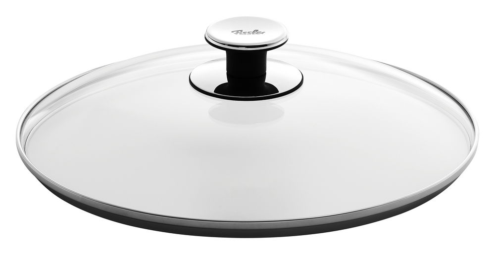 Glasdeckel 28cm mit Edelstahlrand und Griff, seitliche Perspektive