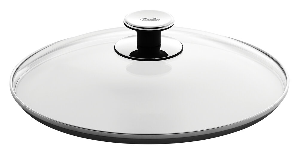 Glasdeckel 28cm mit Edelstahlrand und Griff, seitliche Perspektive