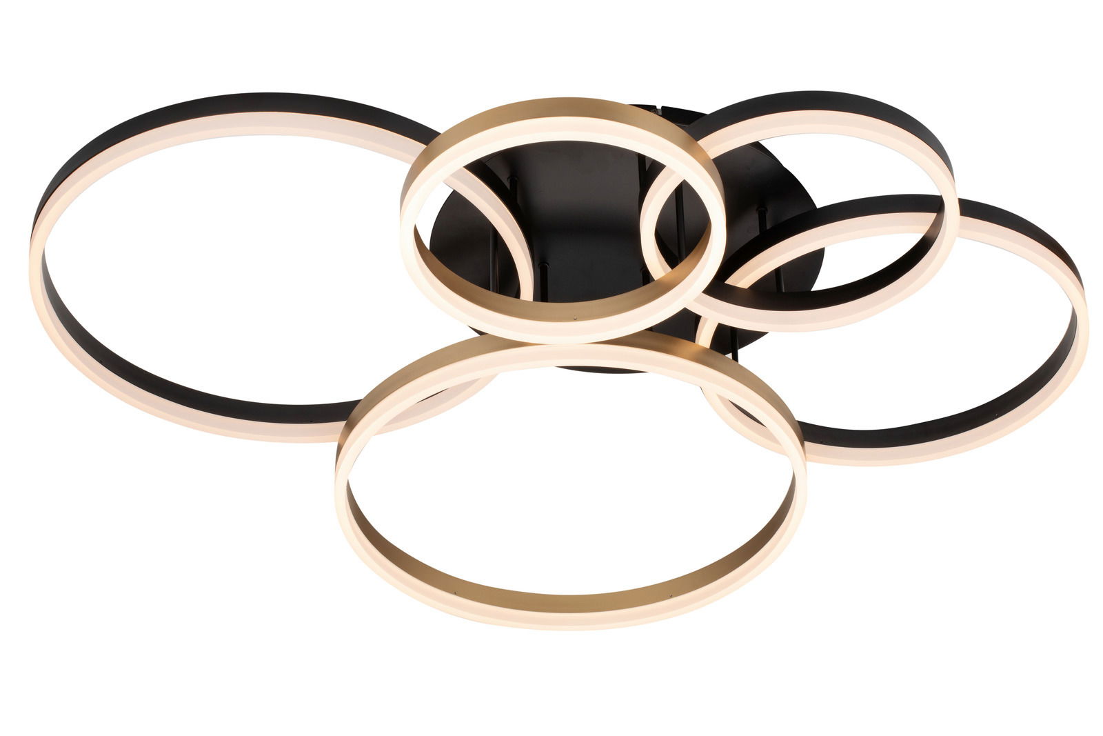 Moderne LED-Deckenleuchte mit mehreren ineinander verschlungenen Ringen, Ansicht von unten.