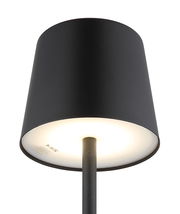 Schwarze Tischleuchte mit rundem Lampenschirm, seitliche Perspektive