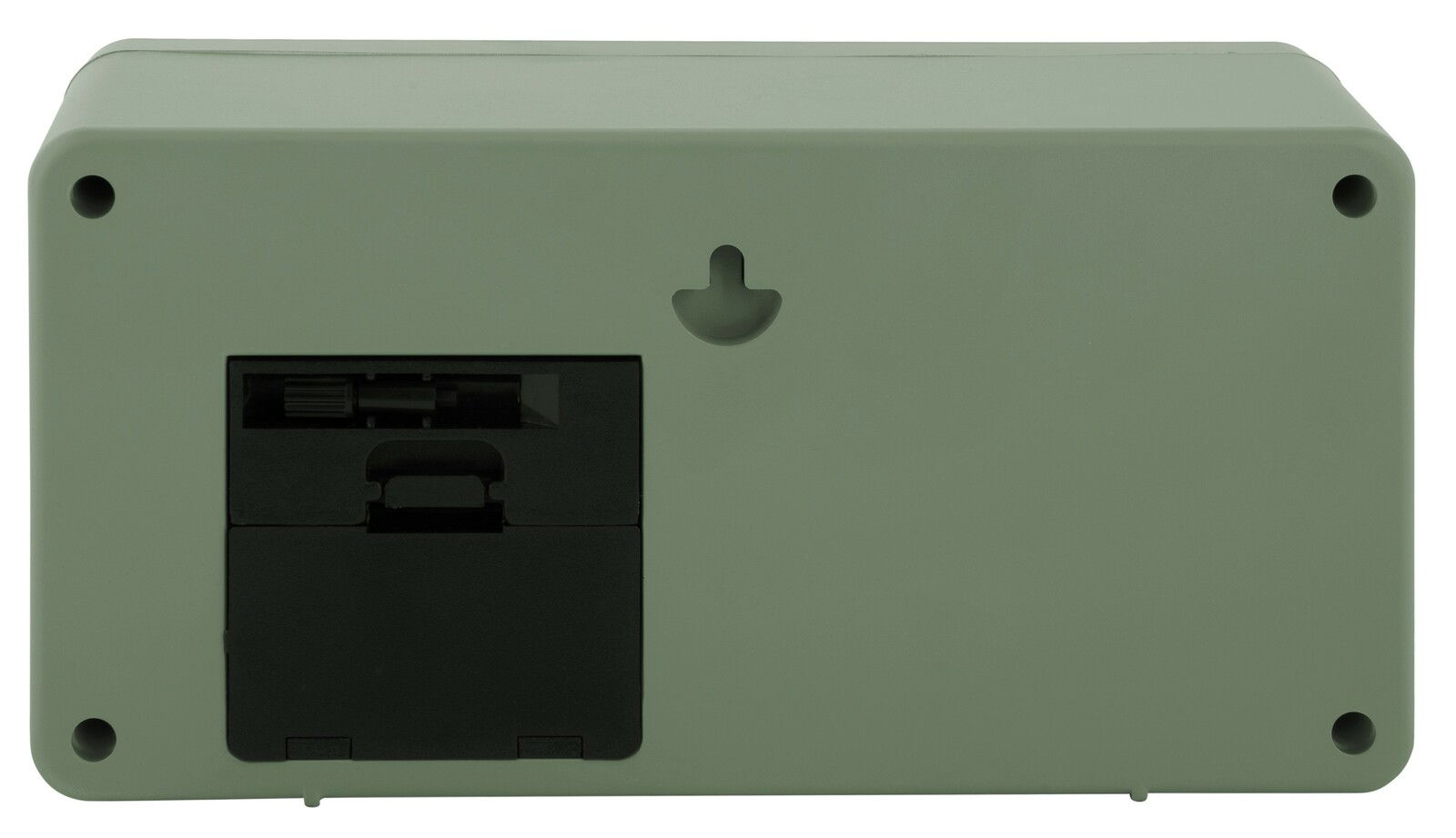 Rückansicht einer grünen Wand- und Tischuhr mit Batteriefach und Aufhängemöglichkeit.