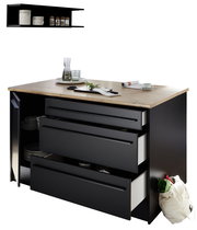 Moderne Kücheninsel mit schwarzem Korpus und Holzarbeitsplatte, ausgestattet mit offenen Schubladen und seitlichem Regal, aus der Perspektive von vorne rechts.