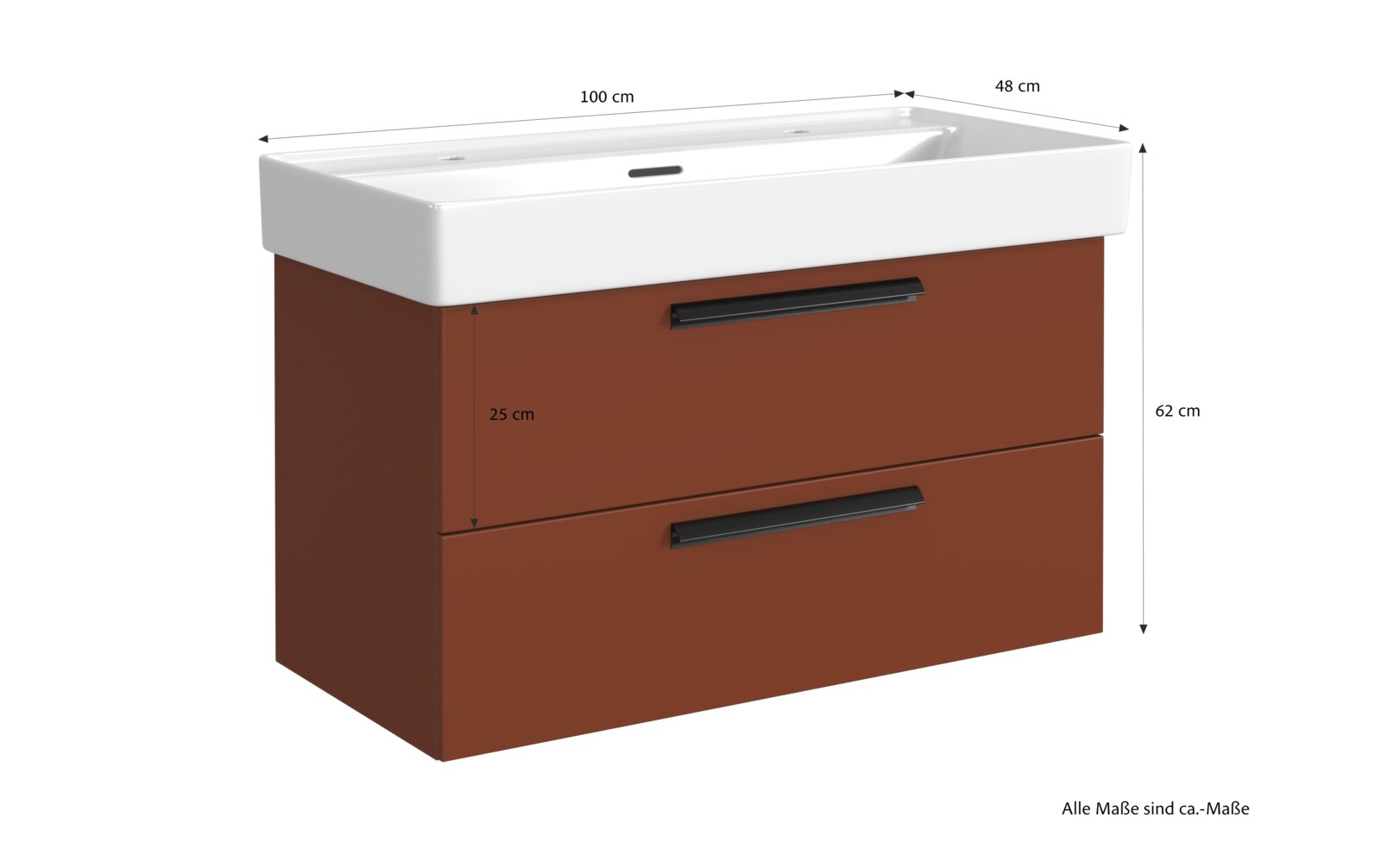 Wastafelset met twee lades in bruine kleur, zijaanzicht, met afmetingen van 100 cm breed, 48 cm diep en 62 cm hoog.