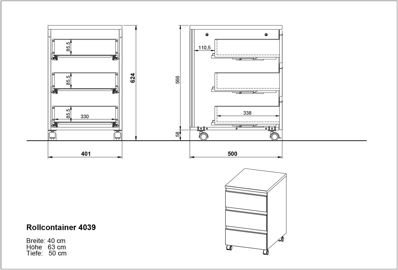 Technische Zeichnung eines Rollcontainers mit drei Schubladen, auf Rollen, in der Seiten- und Frontalansicht. Maße: Breite 40 cm, Höhe 63 cm, Tiefe 50 cm.