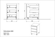 Technische Zeichnung eines Rollcontainers mit drei Schubladen, auf Rollen, in der Seiten- und Frontalansicht. Maße: Breite 40 cm, Höhe 63 cm, Tiefe 50 cm.