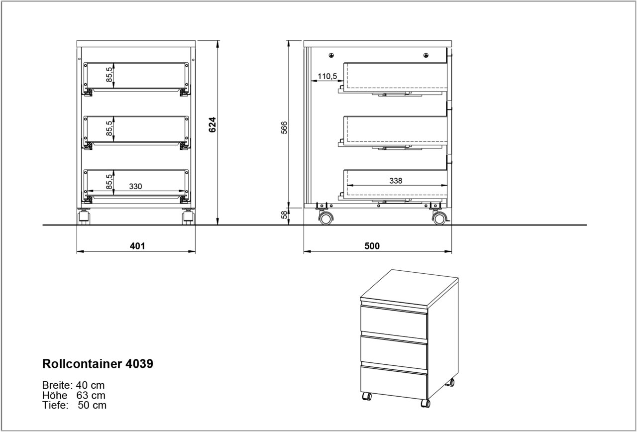Technische Zeichnung eines Rollcontainers mit drei Schubladen, auf Rollen, in der Seiten- und Frontalansicht. Maße: Breite 40 cm, Höhe 63 cm, Tiefe 50 cm.