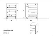 Technische Zeichnung eines Rollcontainers mit drei Schubladen, auf Rollen, in der Seiten- und Frontalansicht. Maße: Breite 40 cm, Höhe 63 cm, Tiefe 50 cm.