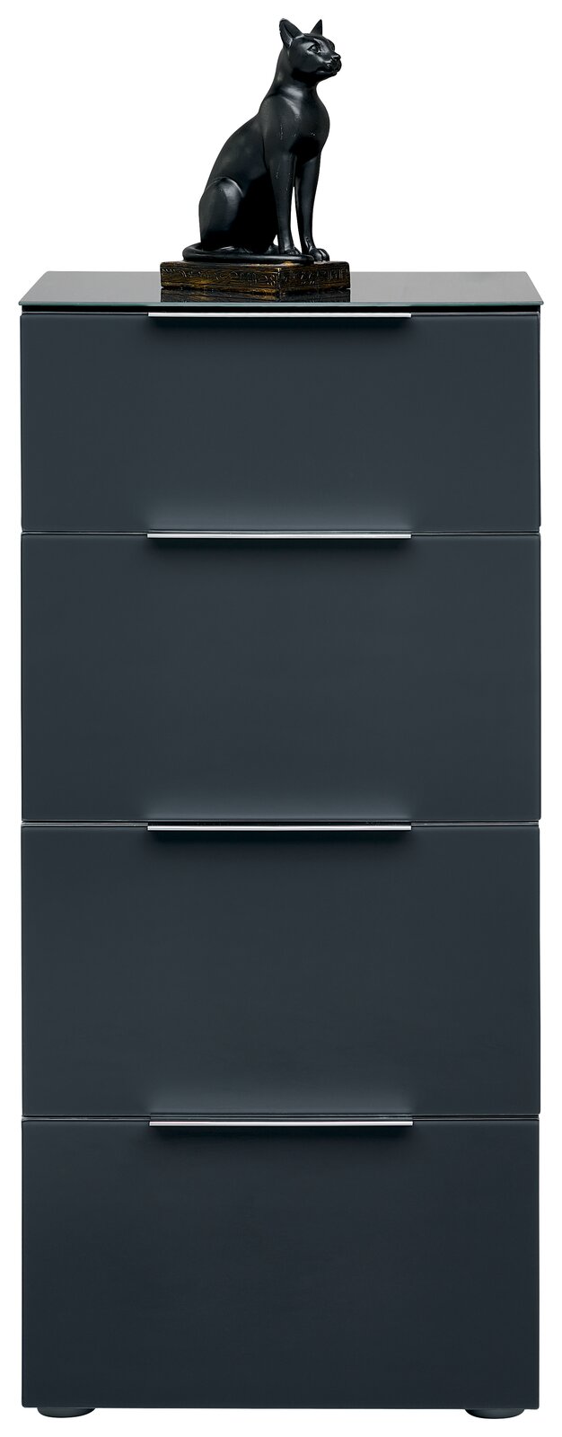 Hochkommode in dunklem Grau mit vier Schubladen, darauf eine schwarze Katzenfigur. Frontalansicht.