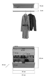 Garderobenkombination aus Holz mit Kleiderstange und Schuhschrank, Frontansicht