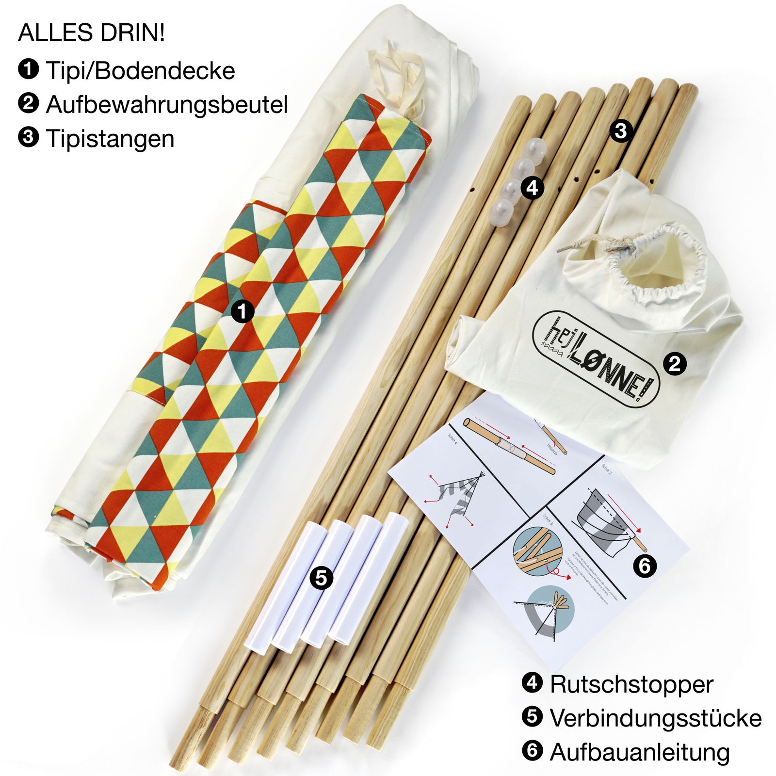 Tipi Zelt Set mit farbiger Bemusterung, bestehend aus Tipi/Bodendecke, Aufbewahrungsbeutel, Tipistangen, Rutschstopper, Verbindungsstücke und Aufbauanleitung, aus der Vogelperspektive fotografiert.