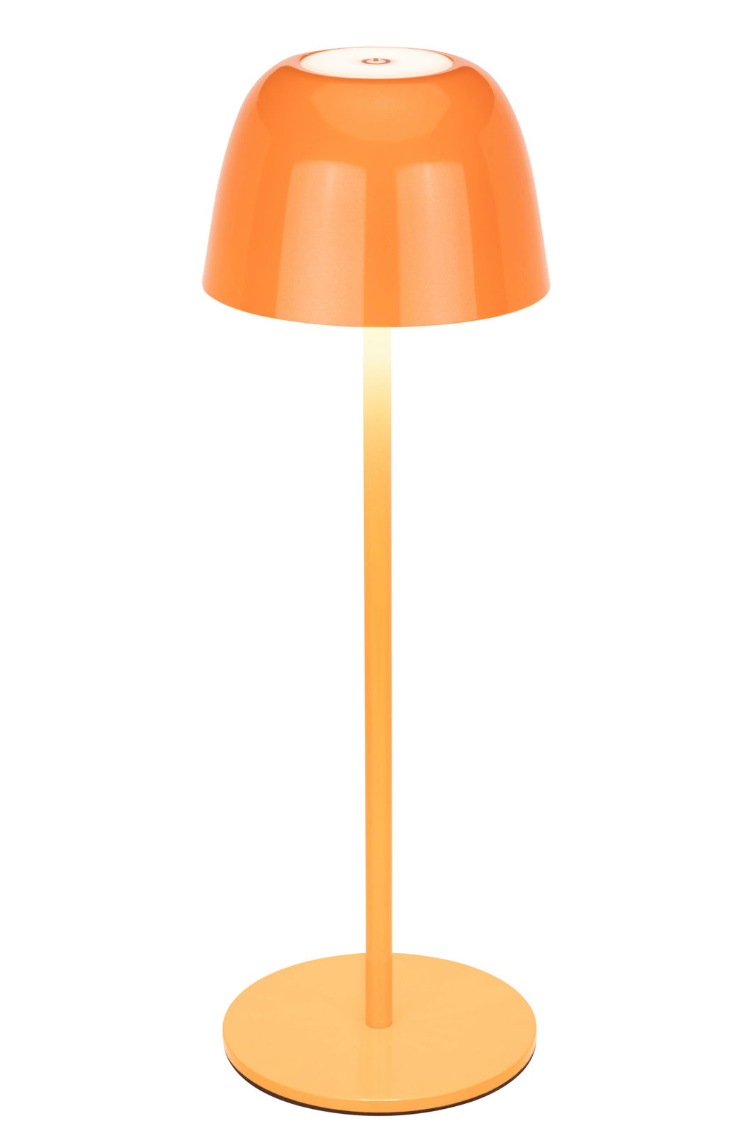 Orangefarbene Akku-Tischleuchte mit rundem Schirm und schlankem Standfuß, seitliche Perspektive
