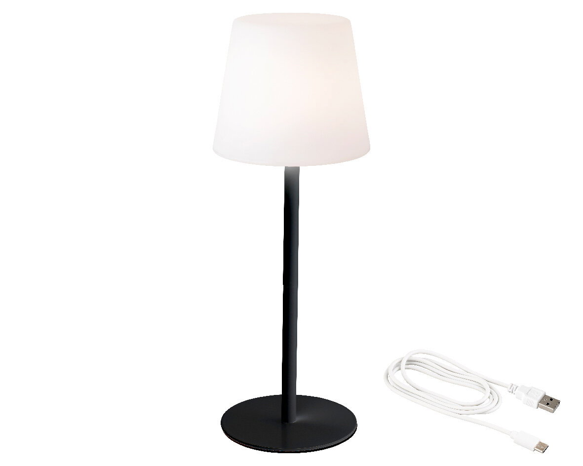 LED Tischlampe mit weißem Lampenschirm und schwarzem Standfuß, seitliche Perspektive, inklusive USB-Kabel