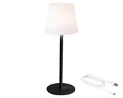 LED Tischlampe mit weißem Lampenschirm und schwarzem Standfuß, seitliche Perspektive, inklusive USB-Kabel