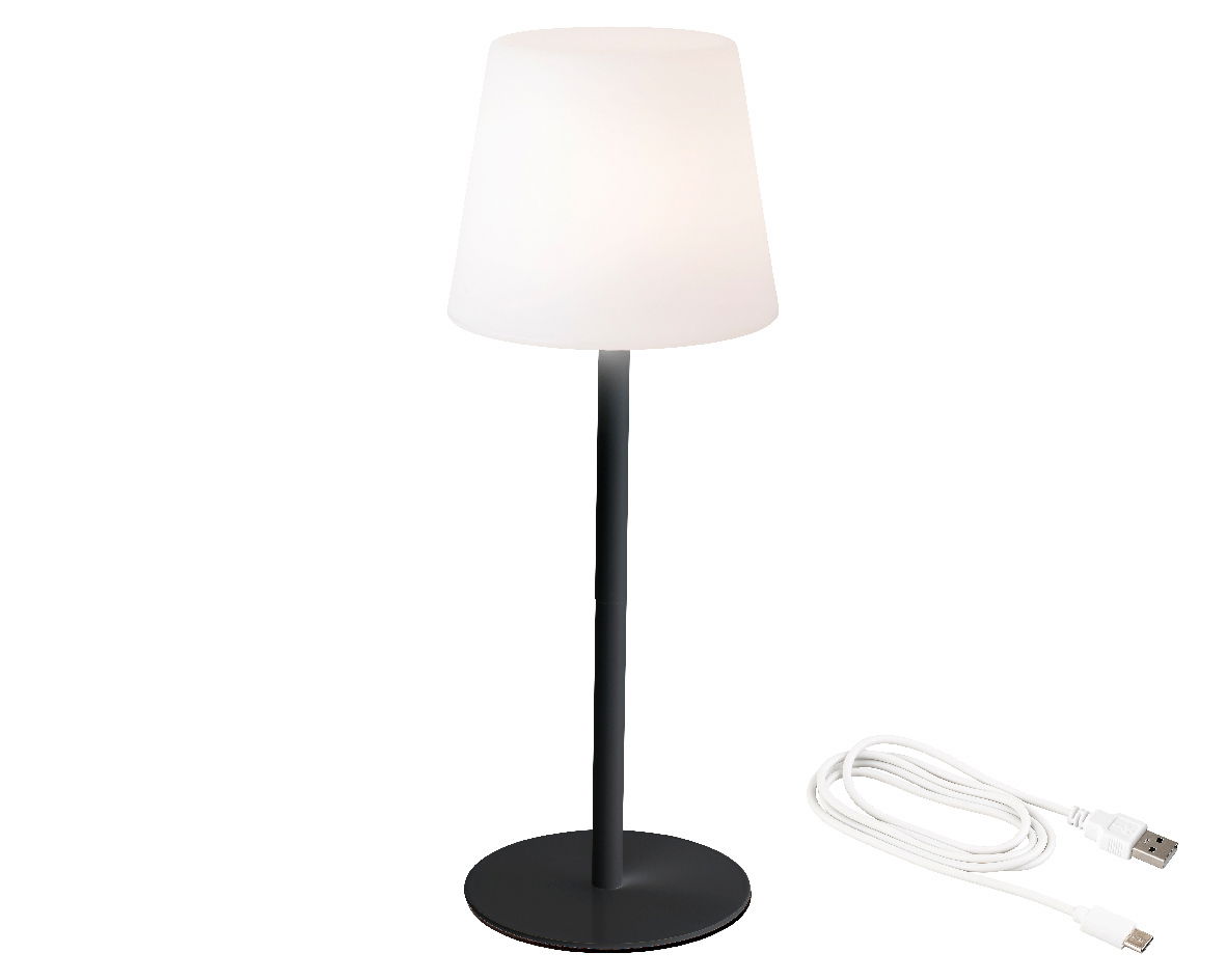 LED Tischlampe mit weißem Lampenschirm und schwarzem Standfuß, seitliche Perspektive, inklusive USB-Kabel