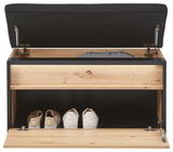 Garderobenbank aus Holz mit schwarzem Polster, geöffnete Ansicht von vorne, zeigt Stauraum mit Schuhen und Decke.