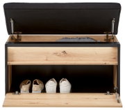 Garderobenbank aus Holz mit schwarzem Polster, geöffnete Ansicht von vorne, zeigt Stauraum mit Schuhen und Decke.