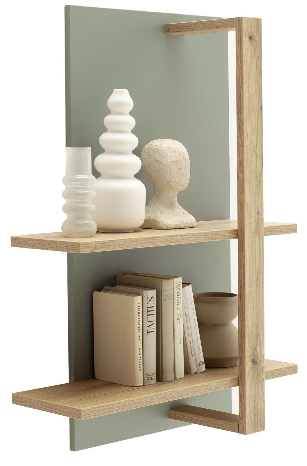 Wandregal mit zwei Holzböden, dekoriert mit Vasen, Büchern und einer Skulptur, seitliche Perspektive