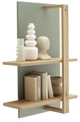 Wandregal mit zwei Holzböden, dekoriert mit Vasen, Büchern und einer Skulptur, seitliche Perspektive