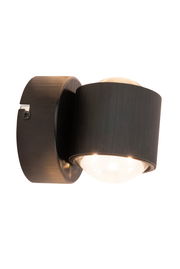 LED-Wandleuchte in seitlicher Perspektive mit modernem, dunklem Design und rundem Leuchtkörper.