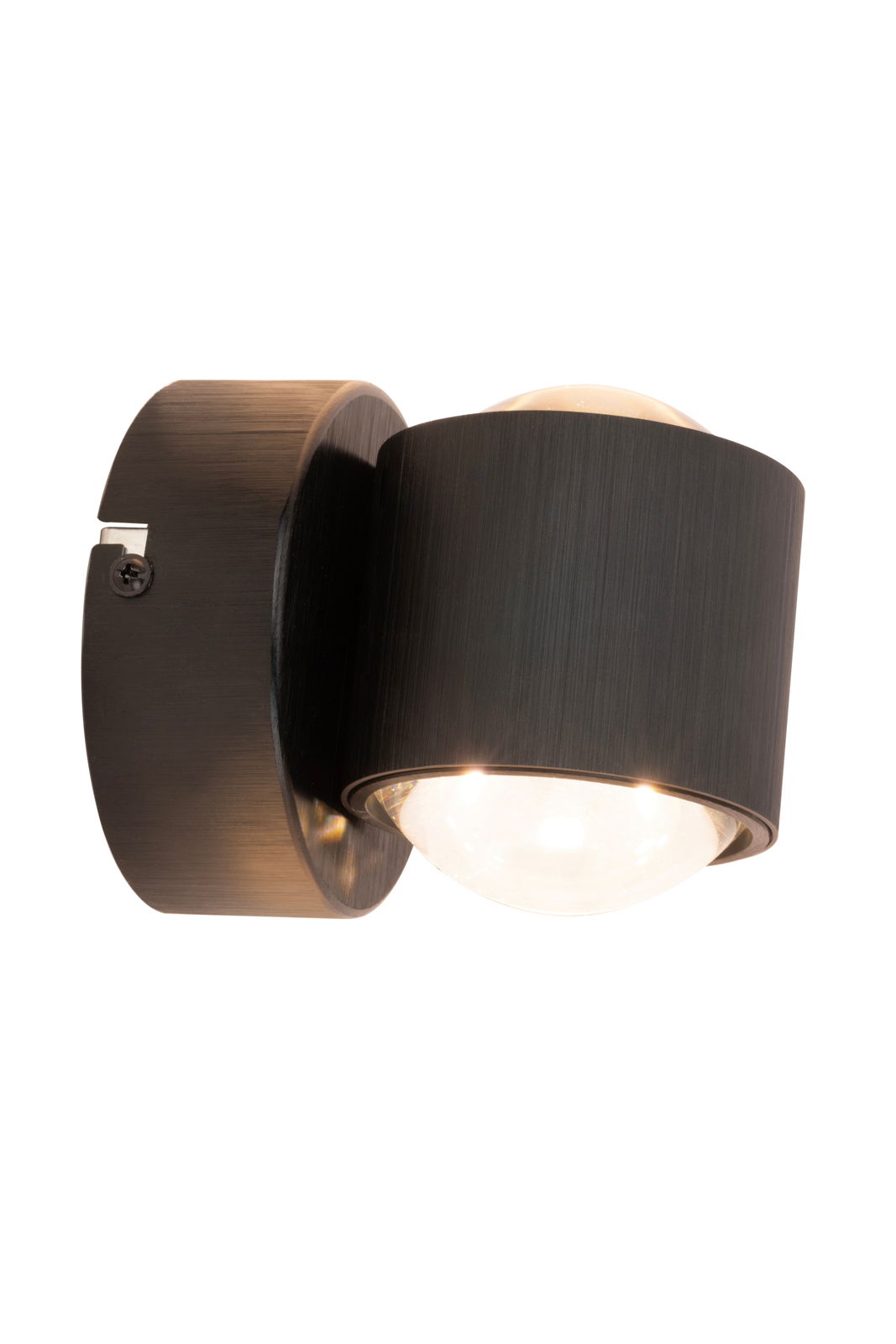 LED-Wandleuchte in seitlicher Perspektive mit modernem, dunklem Design und rundem Leuchtkörper.