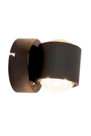 LED-wandlamp in zijaanzicht met een modern, donker ontwerp en een ronde lampkap.