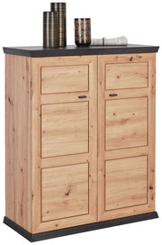 Schuhschrank aus Holz mit zwei Türen und einer Schublade, dekoriert mit Vasen und einer Zeitung, Frontalansicht