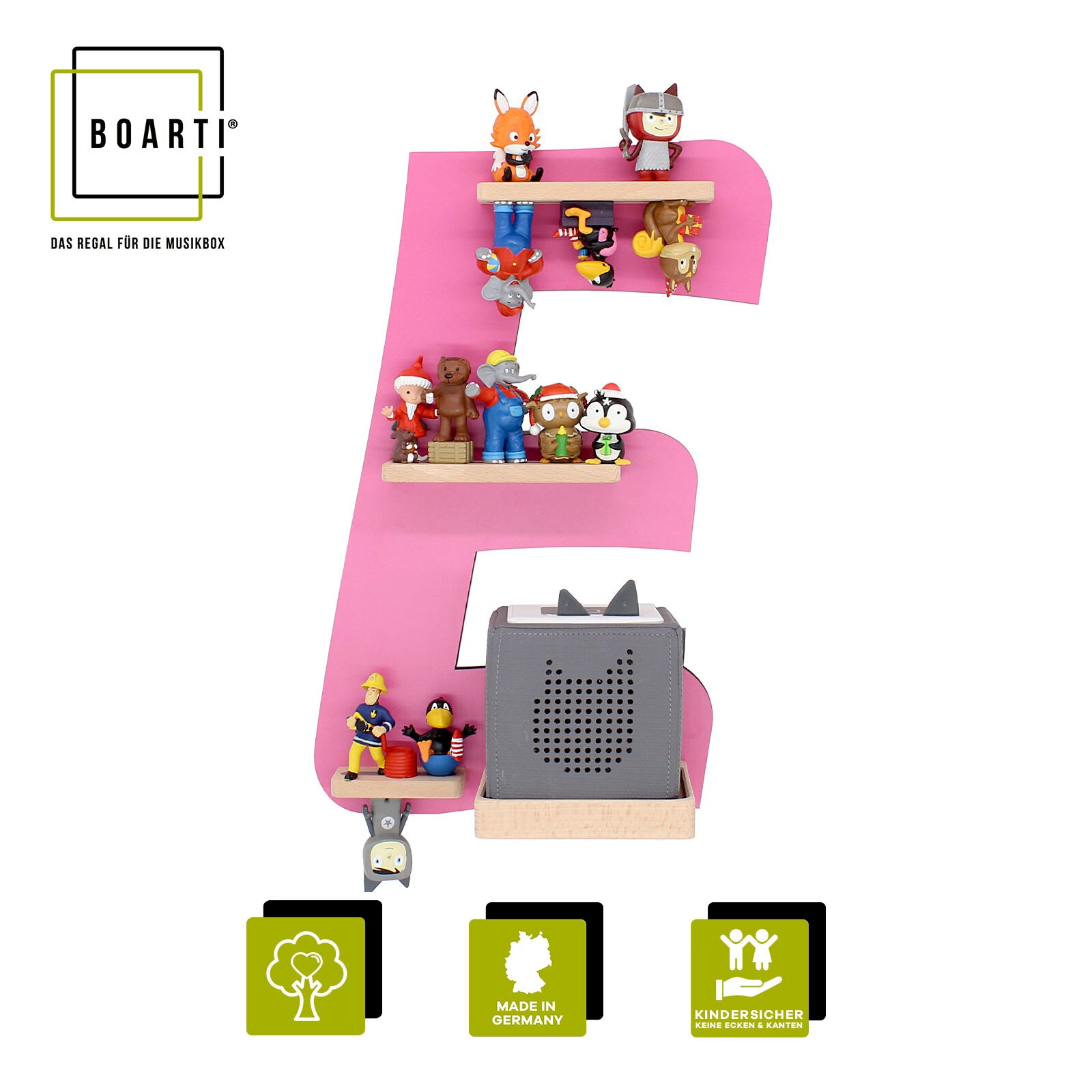 BOARTI Regal für Toniebox in Form des Buchstabens F in Pink mit mehreren kleinen Figuren auf Holzablagen und einer grauen Toniebox, Frontansicht