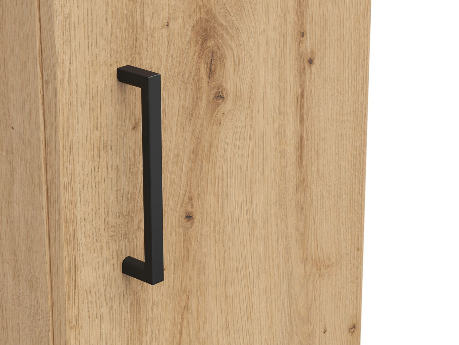 Nahaufnahme eines Holzschranks mit schwarzem Griff, seitliche Perspektive