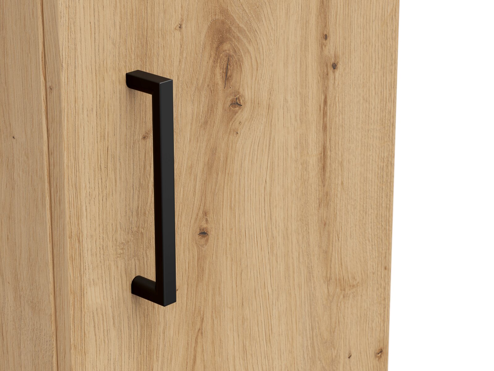 Nahaufnahme eines Holzschranks mit schwarzem Griff, seitliche Perspektive