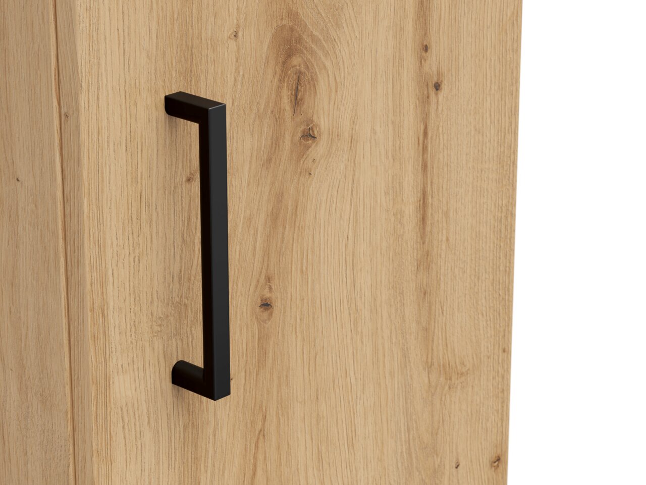 Nahaufnahme eines Holzschranks mit schwarzem Griff, seitliche Perspektive