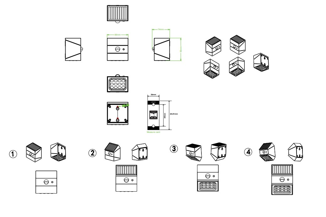 Technische Zeichnungen und Ansichten einer LED-Solar-Außenwandleuchte aus verschiedenen Perspektiven.