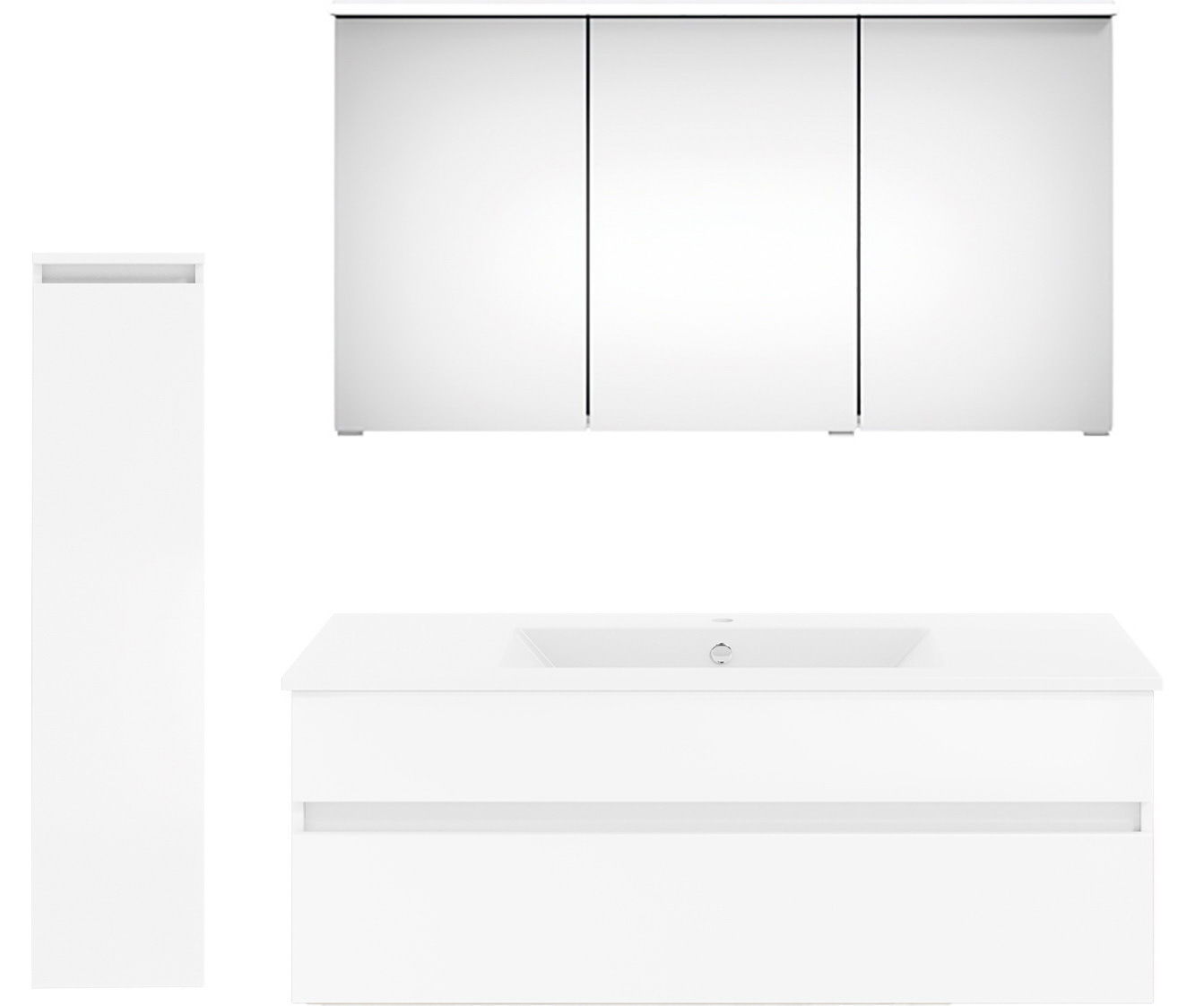 Frontansicht einer modernen weißen Badkombination mit Spiegelschrank, Waschbeckenunterschrank und hohem Seitenschrank.