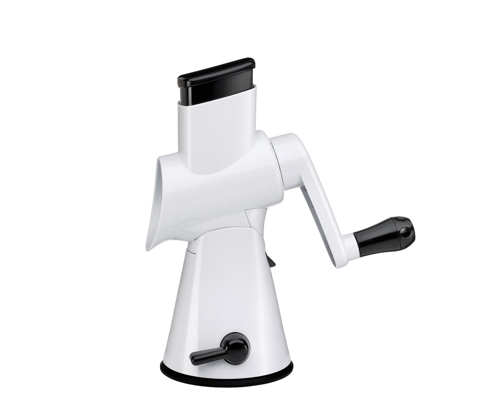 Weiße Trommelreibe mit Kurbel, seitliche Perspektive