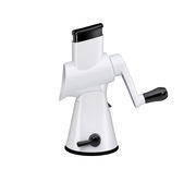 Weiße Trommelreibe mit Kurbel, seitliche Perspektive