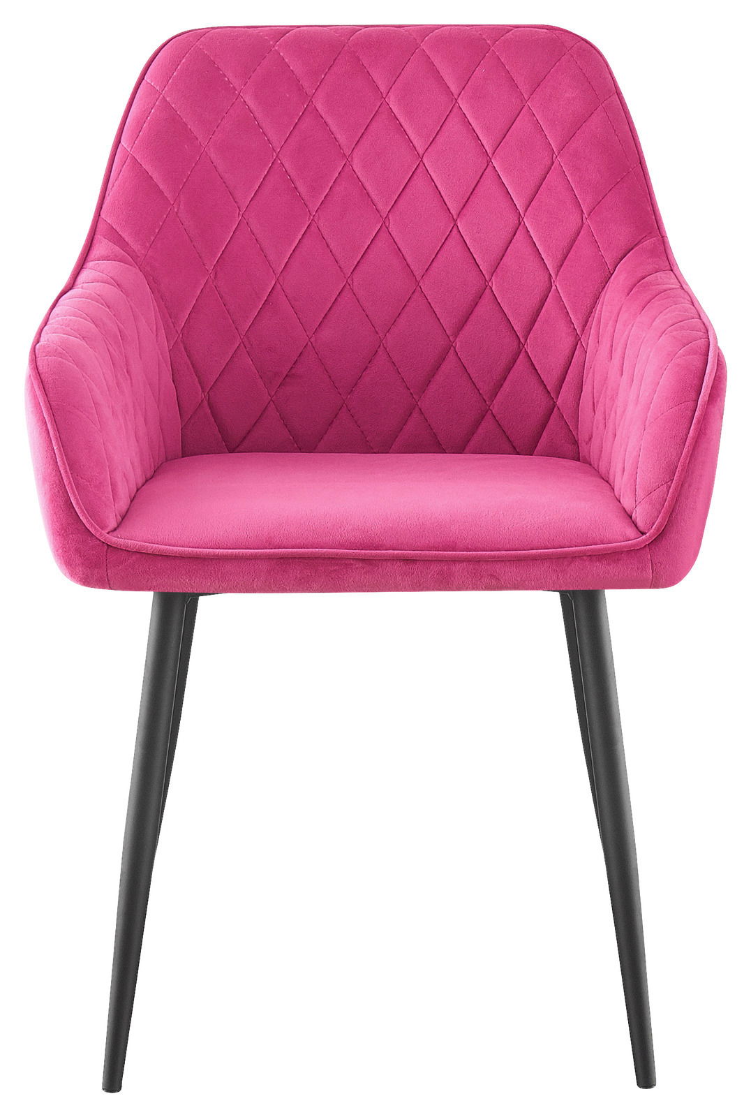 Vorderansicht eines pinken Armlehnstuhls mit gestepptem Muster und schwarzen Beinen