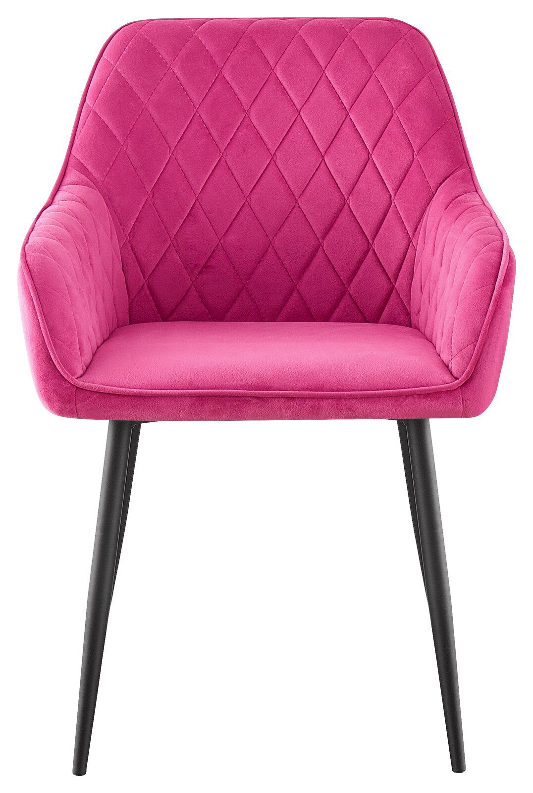 Vorderansicht eines pinken Armlehnstuhls mit gestepptem Muster und schwarzen Beinen