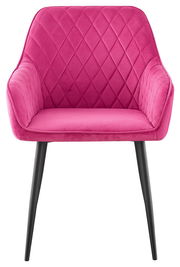 Vorderansicht eines pinken Armlehnstuhls mit gestepptem Muster und schwarzen Beinen