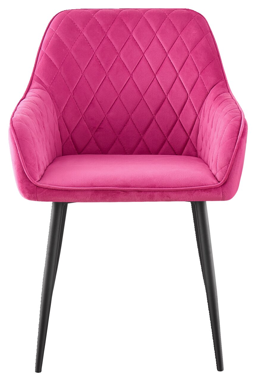 Vorderansicht eines pinken Armlehnstuhls mit gestepptem Muster und schwarzen Beinen