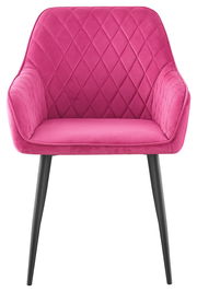 Vorderansicht eines pinken Armlehnstuhls mit gestepptem Muster und schwarzen Beinen