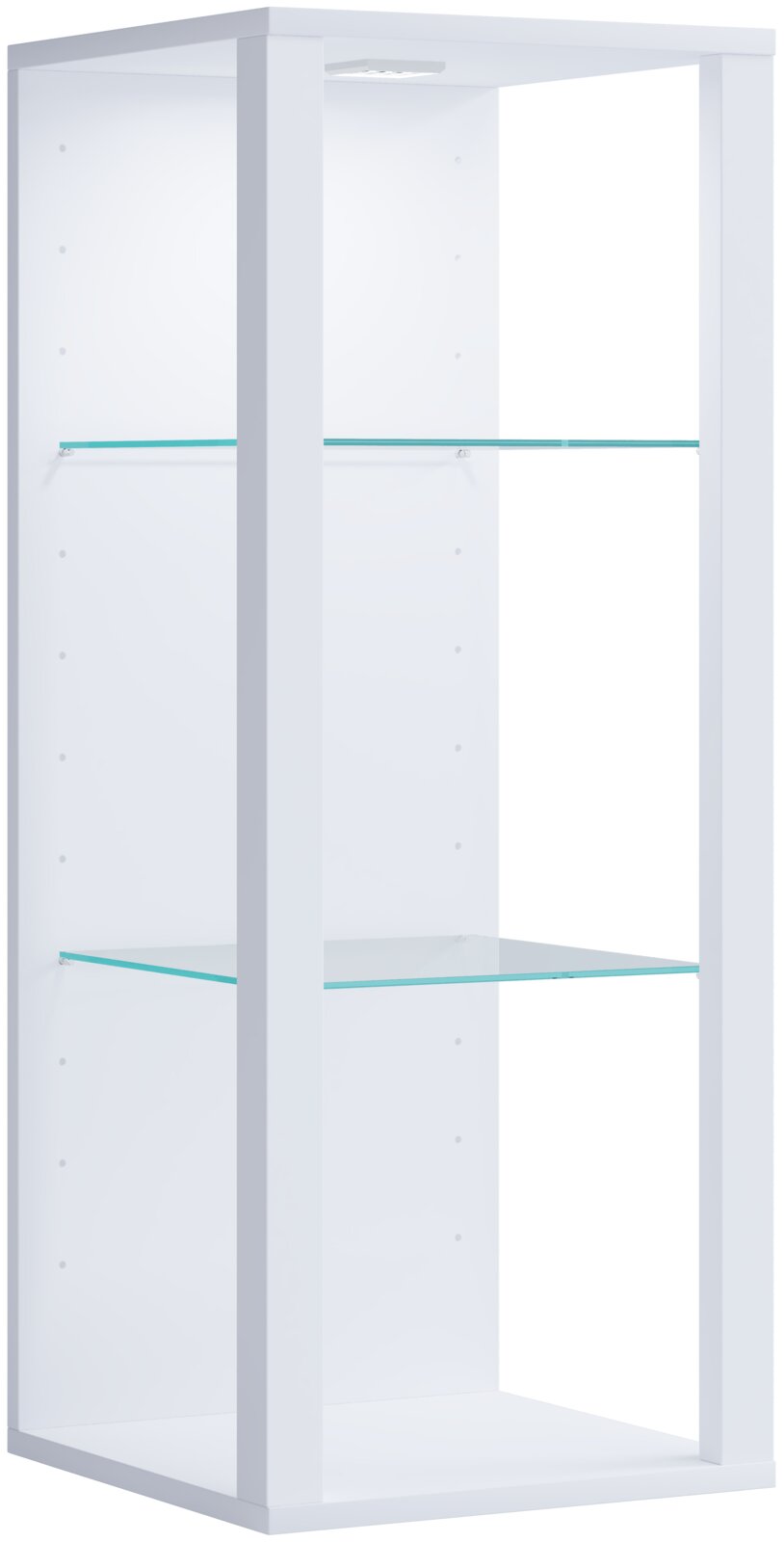 Weiße, offene Vitrine/Regal mit zwei Glasböden und integrierter LED-Beleuchtung oben, freistehend, schräg von vorne links fotografiert