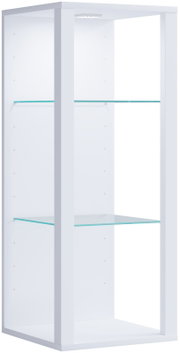 Weiße, offene Vitrine/Regal mit zwei Glasböden und integrierter LED-Beleuchtung oben, freistehend, schräg von vorne links fotografiert