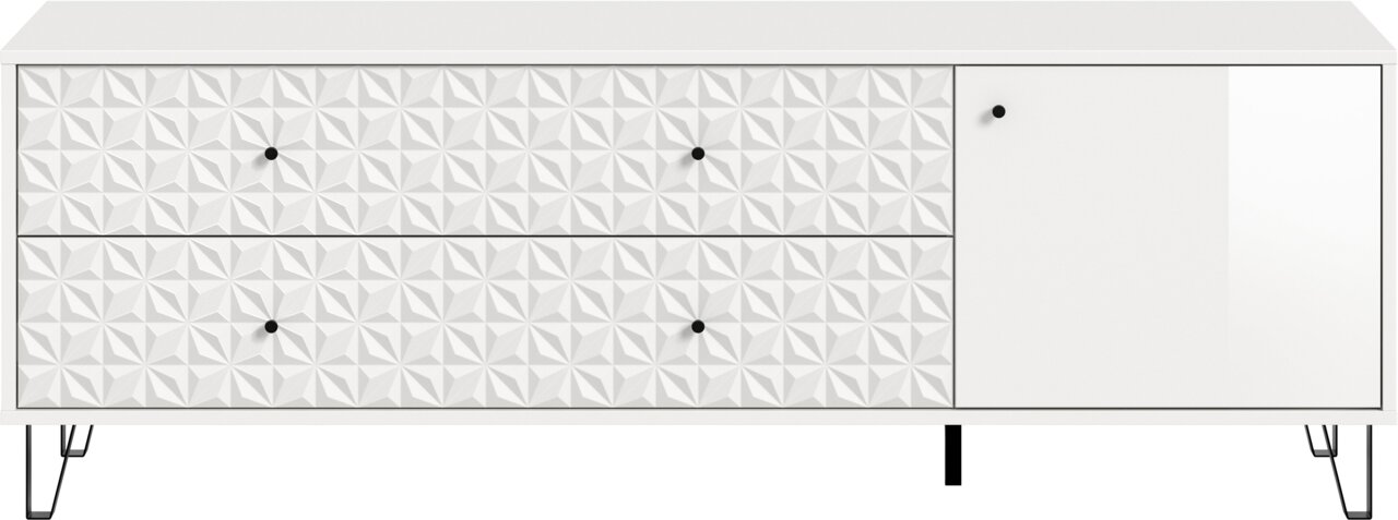 Weiße Sideboard-Kommode mit geometrisch strukturierter Front, vier Schubladen links und zwei Türen rechts, schwarze Knöpfe und Metallfüße, Frontansicht
