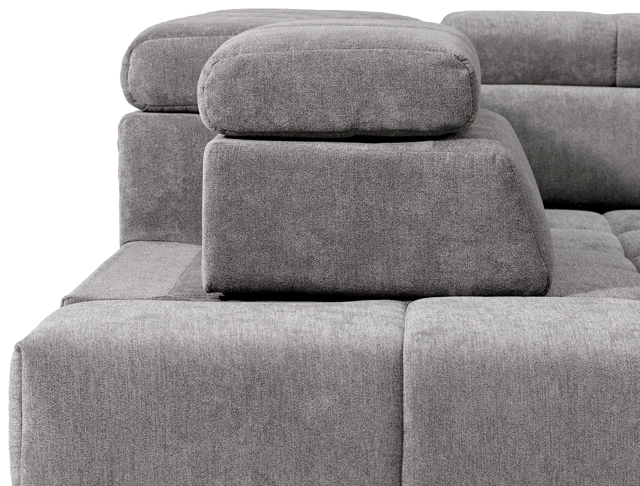 Graues Ecksofa mit verstellbarer Kopfstütze, Seitenansicht