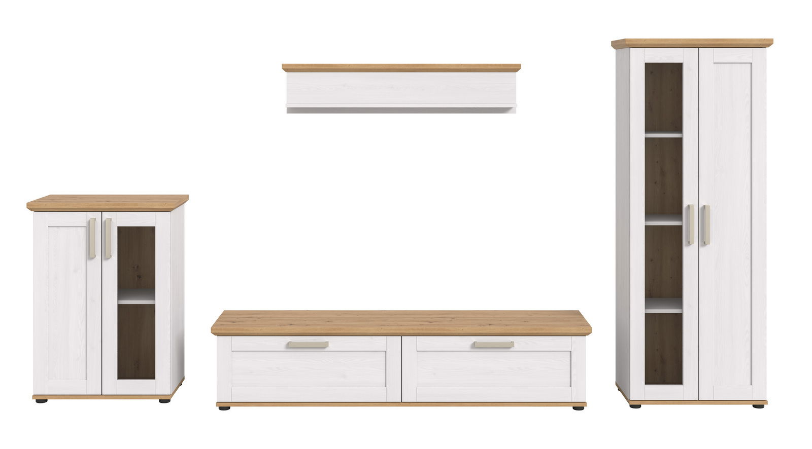 Wohnkombination in Weiß mit Holzoberflächen, bestehend aus einem hohen Schrank, einem niedrigen TV-Schrank, einem kleinen Schrank und einem Wandregal, frontal betrachtet.
