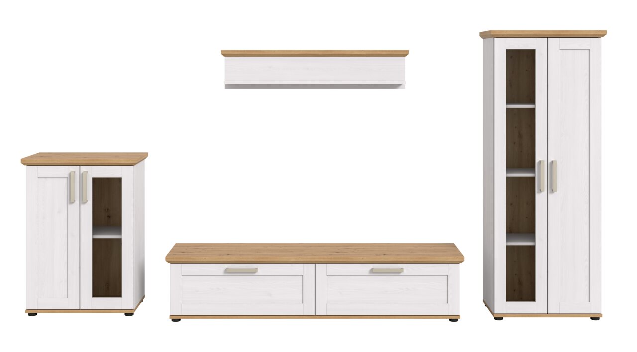 Wohnkombination in Weiß mit Holzoberflächen, bestehend aus einem hohen Schrank, einem niedrigen TV-Schrank, einem kleinen Schrank und einem Wandregal, frontal betrachtet.