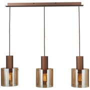 Dreifache Pendelleuchte mit braunen Zylinderschirmen und klaren Glaselementen, Frontalansicht