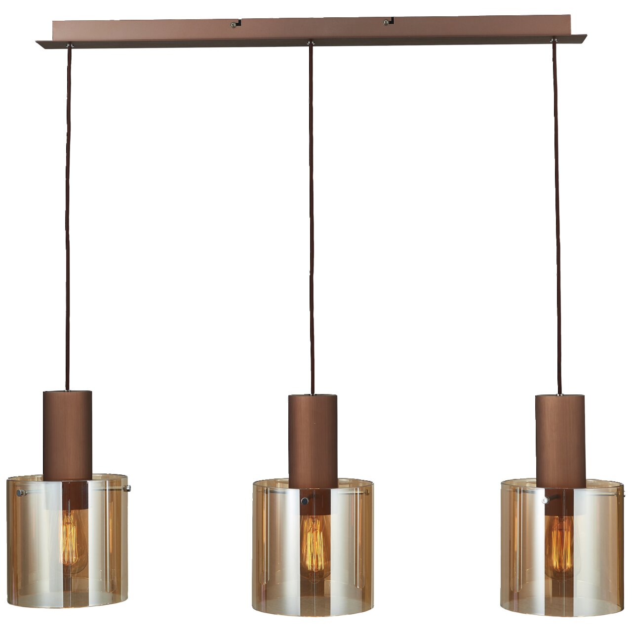 Dreifache Pendelleuchte mit braunen Zylinderschirmen und klaren Glaselementen, Frontalansicht