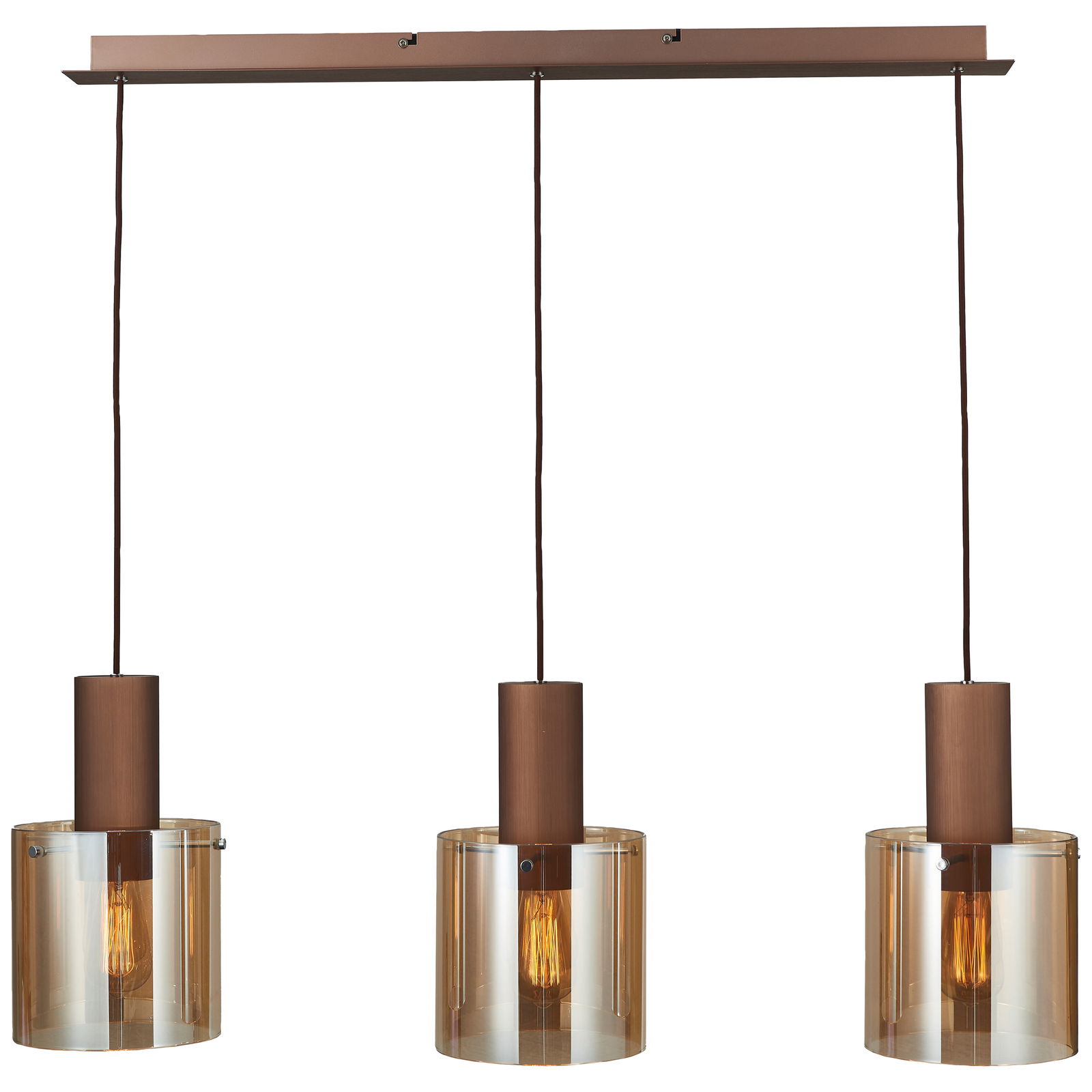 Dreifache Pendelleuchte mit braunen Zylinderschirmen und klaren Glaselementen, Frontalansicht