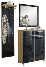 Garderoben-Set bestehend aus einem Spiegel, einem Schrank mit zwei Türen und einer Wandgarderobe mit Haken und Ablage, aus Holz und schwarzem Material, frontal betrachtet.