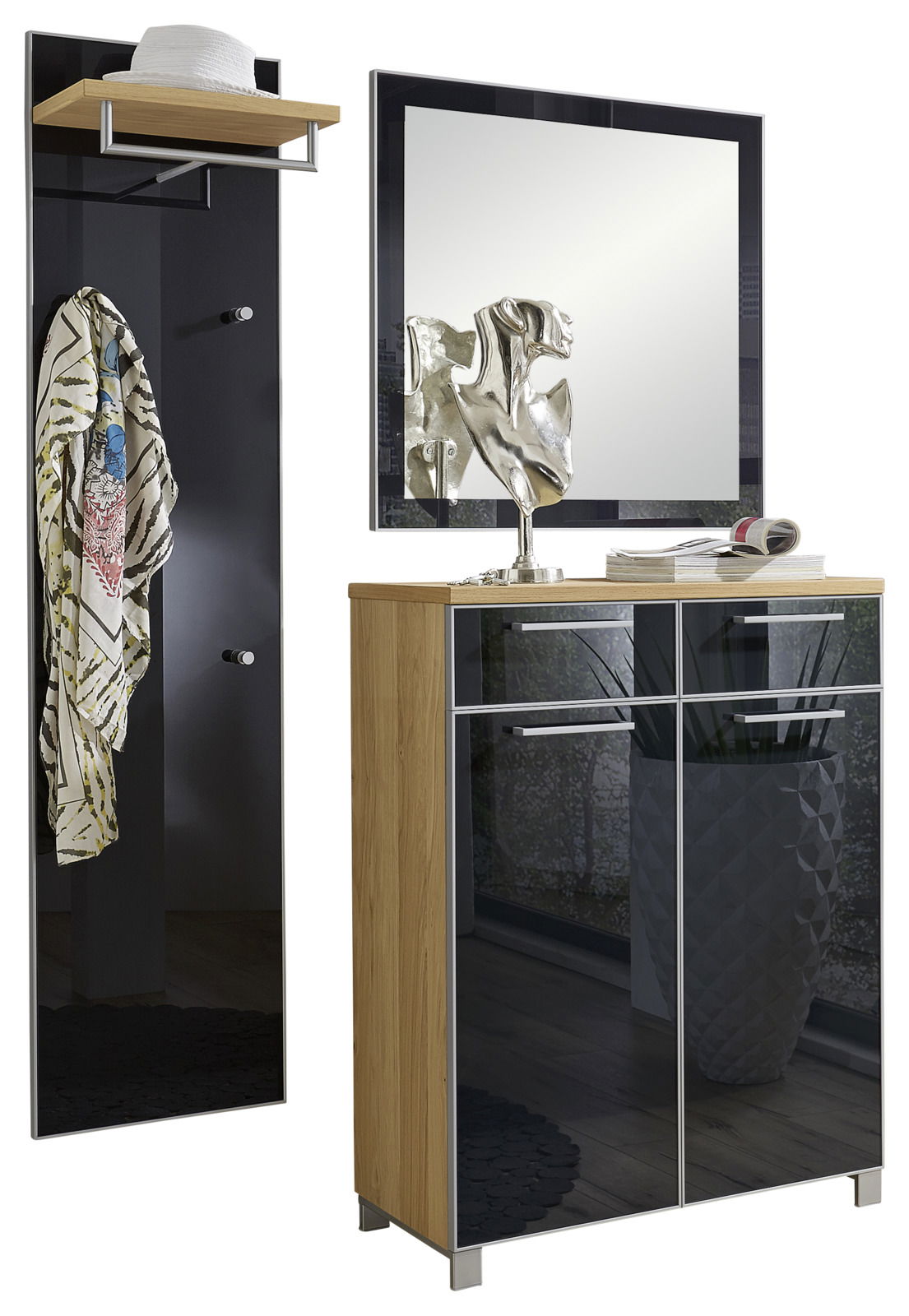 VOSS Garderoben-Set 3-tlg. SANTINA Garderoben-Set bestehend aus einem Spiegel, einem Schrank mit zwei Türen und einer Wandgarderobe mit Haken und Ablage, aus Holz und schwarzem Material, frontal betrachtet.